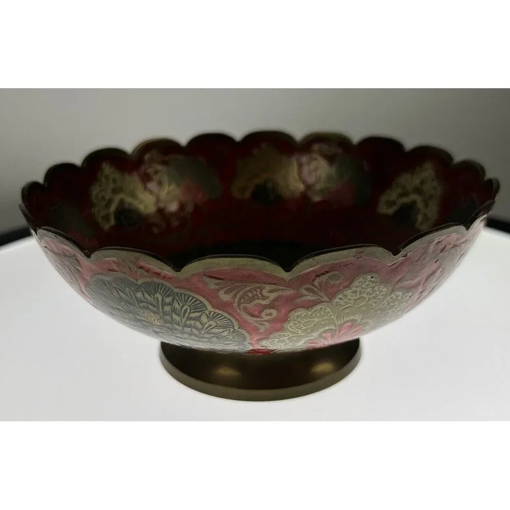 Vintage Enesco Imports Enameled Solid Brass Peacock‎ Bowl Made in India (8c7)